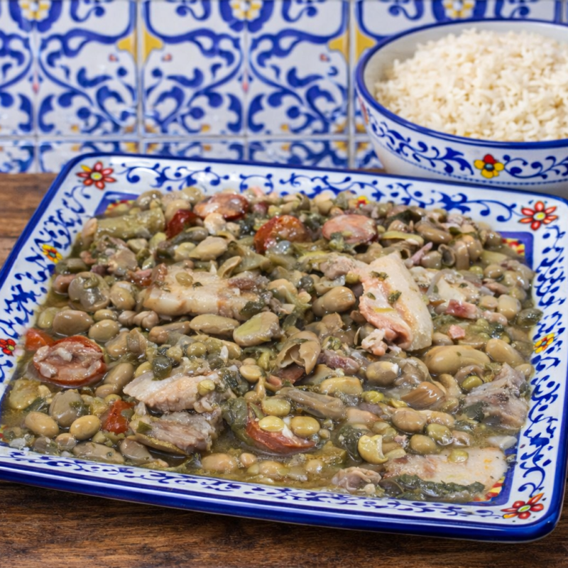 Favas a portuguesa com arroz & salada