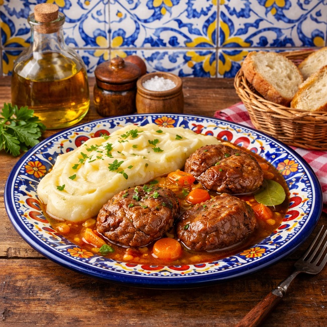 Caras de porco estufadas con purè de batata