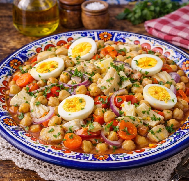 Salada de grào com bacalhàu e ovos