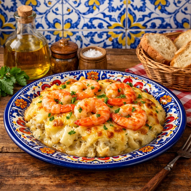 Bacalhàu gratinado com camarào