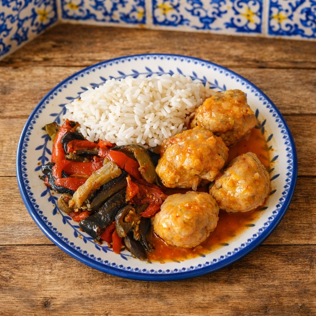 Almondegas com legumes & arroz